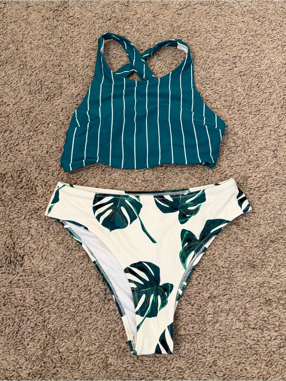 Cupshe Teal Striped Crop Bikini Top & White Tropical Leaf Bottom